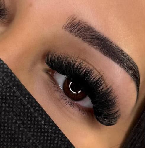 Full, dramatic lash extensions on a brown eye